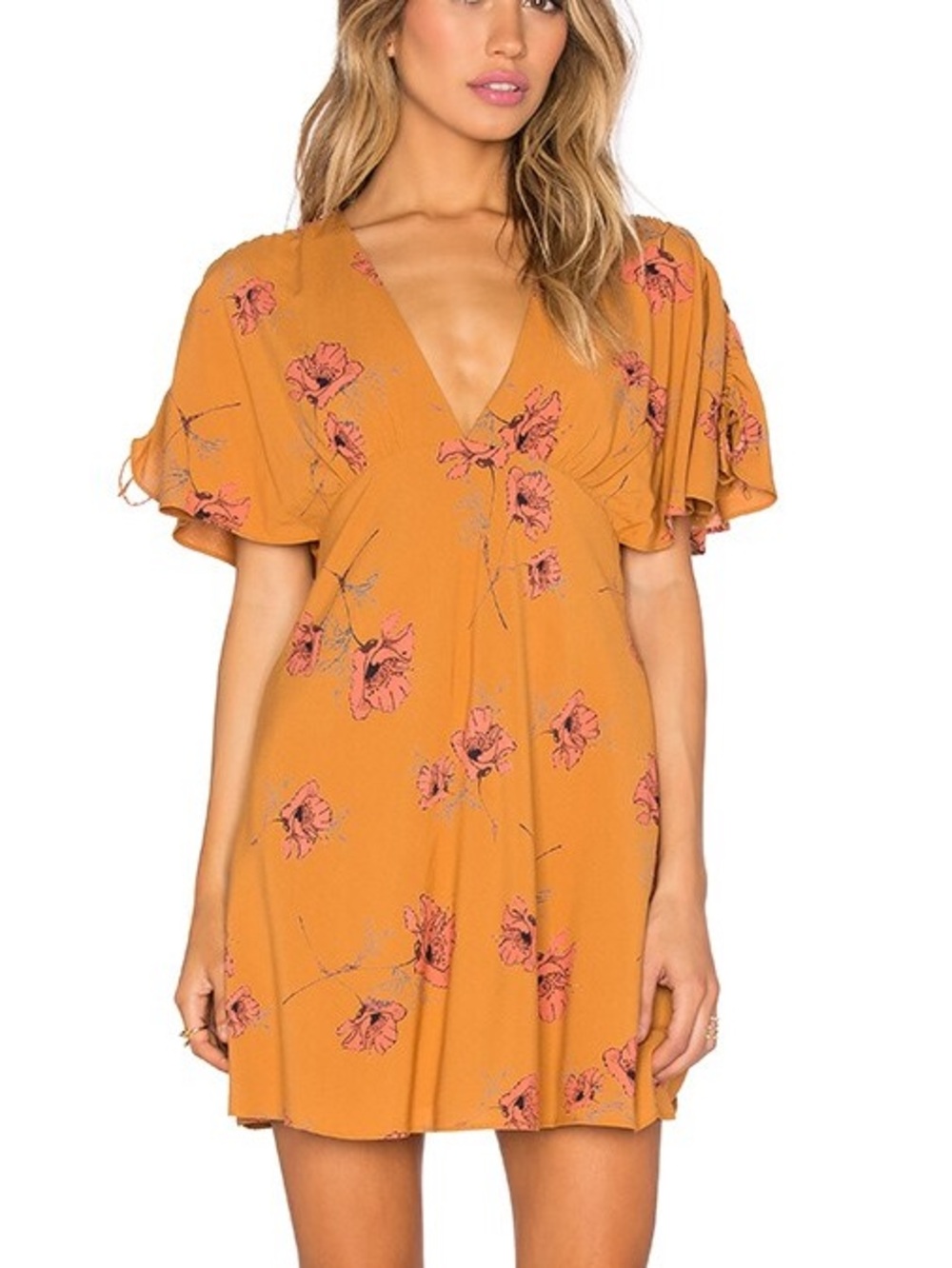 Free People Mustard Floral Mini Dress with Pink Flowers - Picture 6 of 6